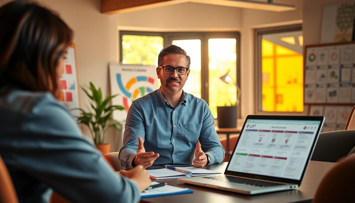 Engaging scene of a career coach guiding individuals to find my true calling in a bright office environment.