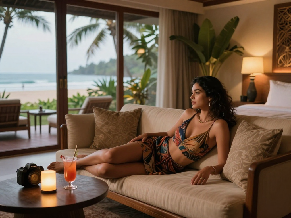 Goa escort relaxing in luxurious hotel room with tropical view