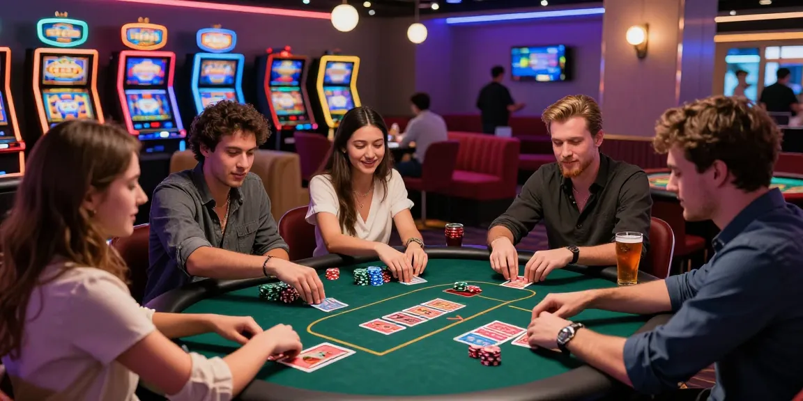 Friends enjoying a poker game in a vibrant rokok88 gaming hub with chips, drinks, and neon lights.