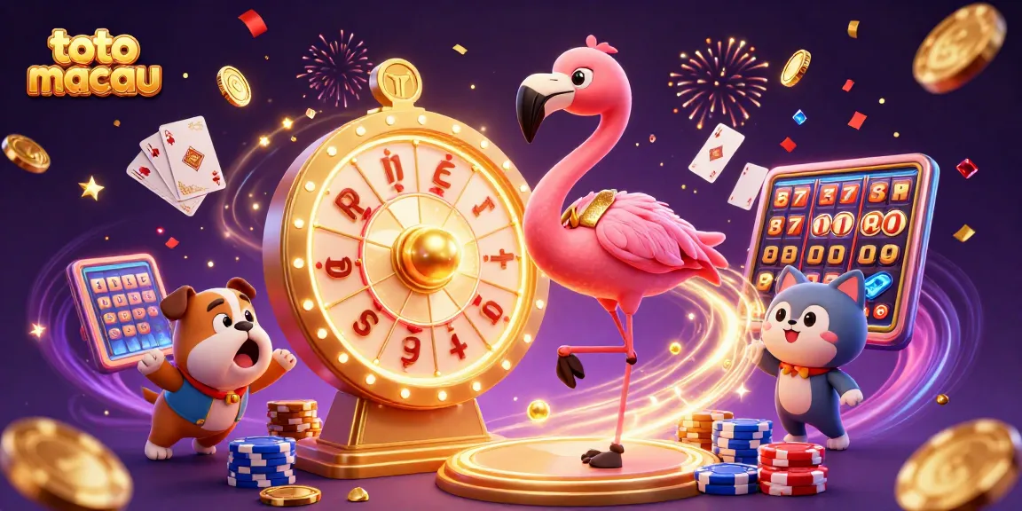 Win big with toto macau as a flamingo host spins a vibrant prize wheel in a casino scene.