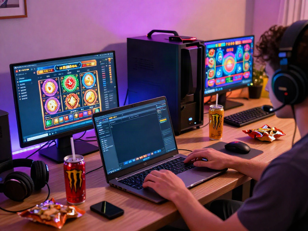 Immersive online slot Thailand gaming setup with colorful interfaces and snacks.