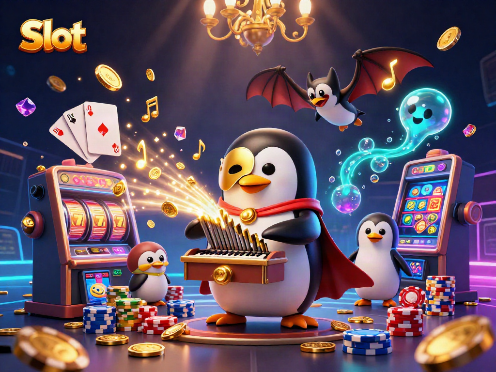 Spin the Slot with golden coins cascading from a phantom penguin playing the organ