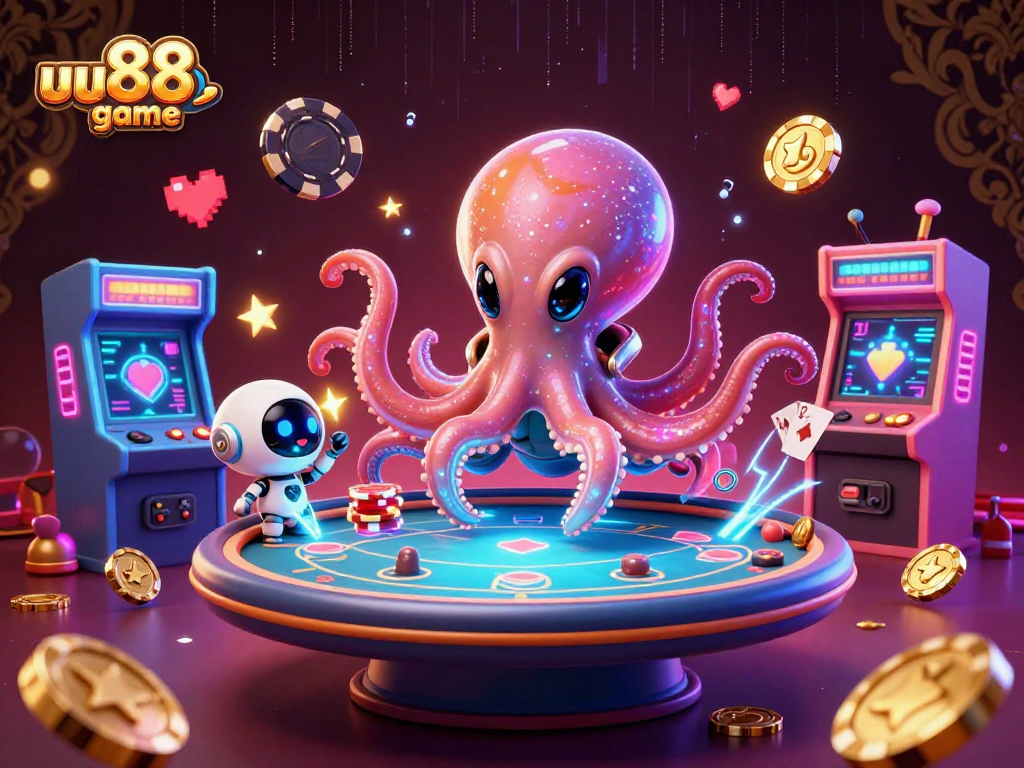 uu88game showcases an alien octopus dealing poker with vibrant 3D arcade elements and neon effects.
