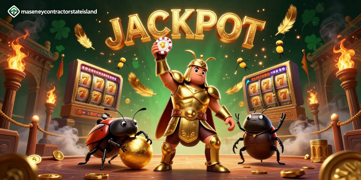 Experience jackpot excitement with masonrycontractorstatenisland featuring a hercules beetle celebrating victory in a vibrant casino setting.