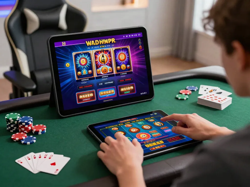 User enjoying online gambling on ahha4d platform with tablet and poker chips in a cozy gaming environment