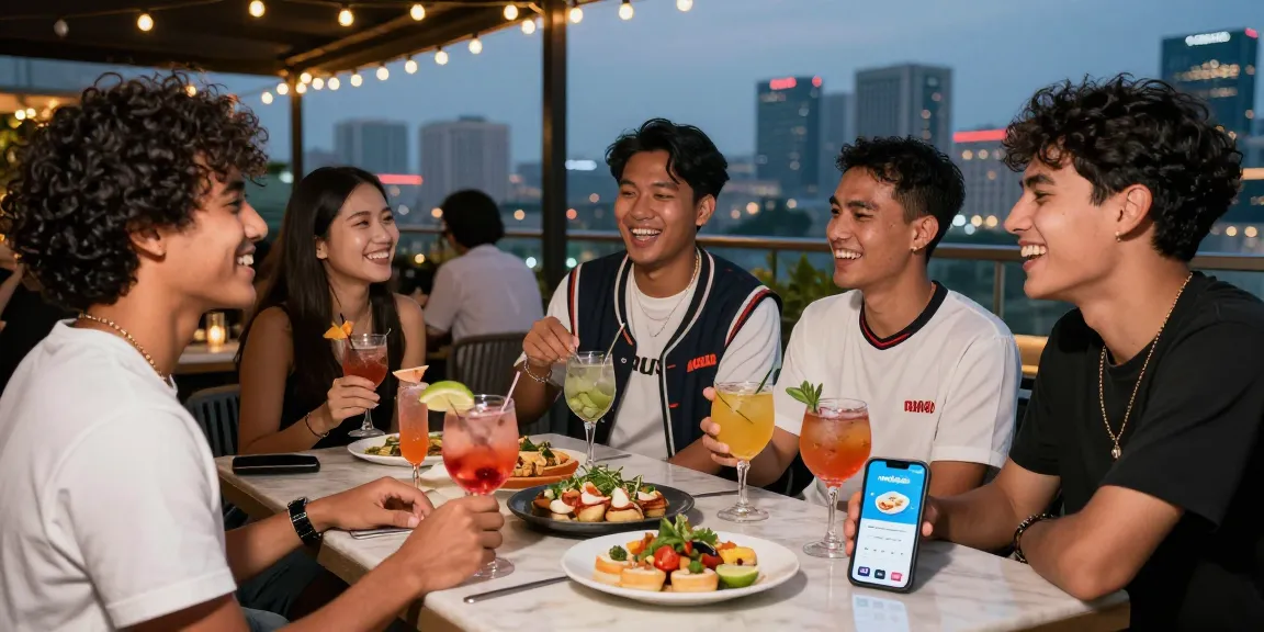 A vibrant social scene with friends enjoying cocktails, featuring trendy rokok88 merchandise at a stylish rooftop bar.