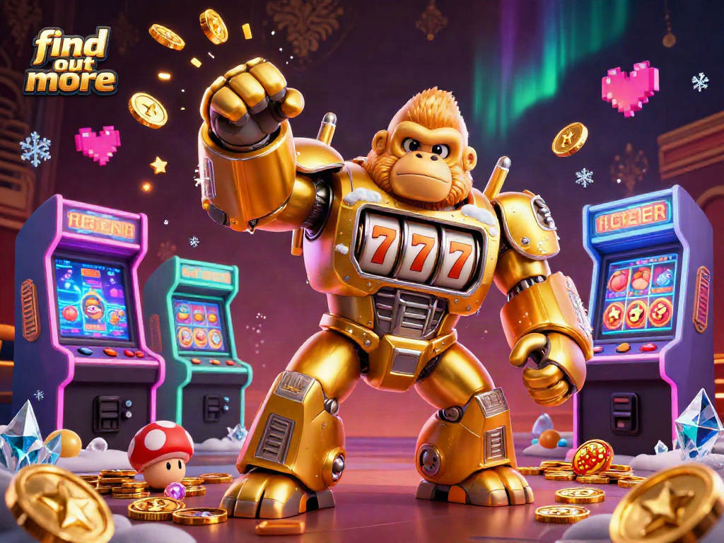 Find out more in this vibrant 3D casino scene showcasing a mech gorilla and arcade game elements.