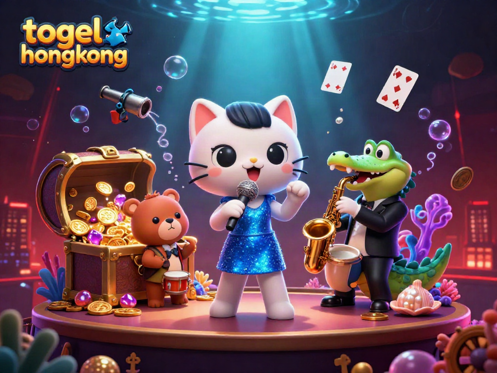 Menampilkan hasil keluaran togel hongkong terbaru dengan ilustrasi karakter 3D di panggung kasino.