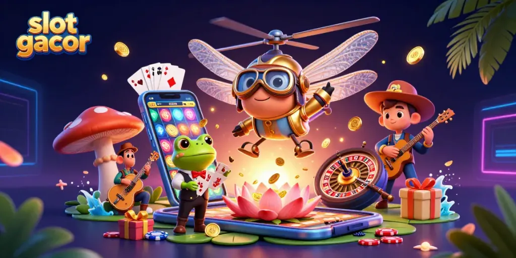 Engage in slot gacor action with vibrant 3D casino illustration showcasing dynamic gaming elements.
