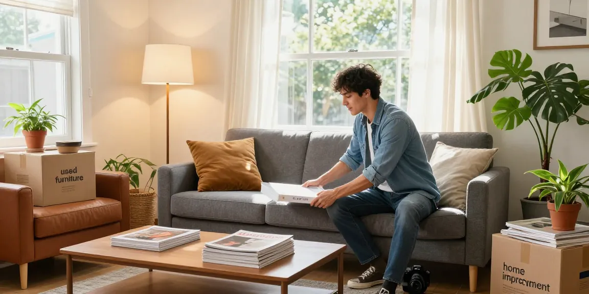 Engaging scene of a family unpacking used furniture in their cozy living room, embracing the joy of شراء اثاث مستعمل بالرياض.