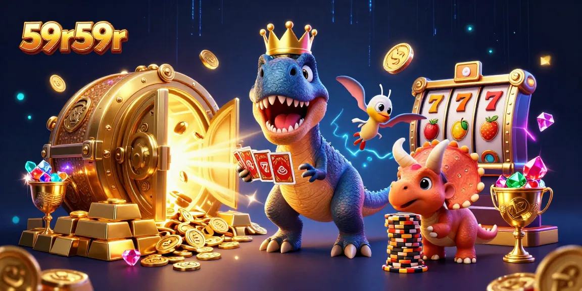 59r59r apresenta dinossauros em um cassino vibrante, jogando cartas e empilhando fichas douradas.