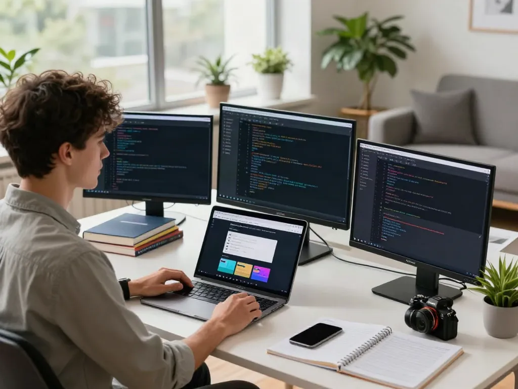 Brave tech workspace with a developer coding and design tools in view.