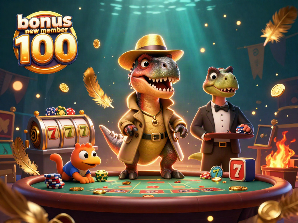Experience thrilling gameplay with bonus new member 100 at a dynamic casino scene featuring playful characters.