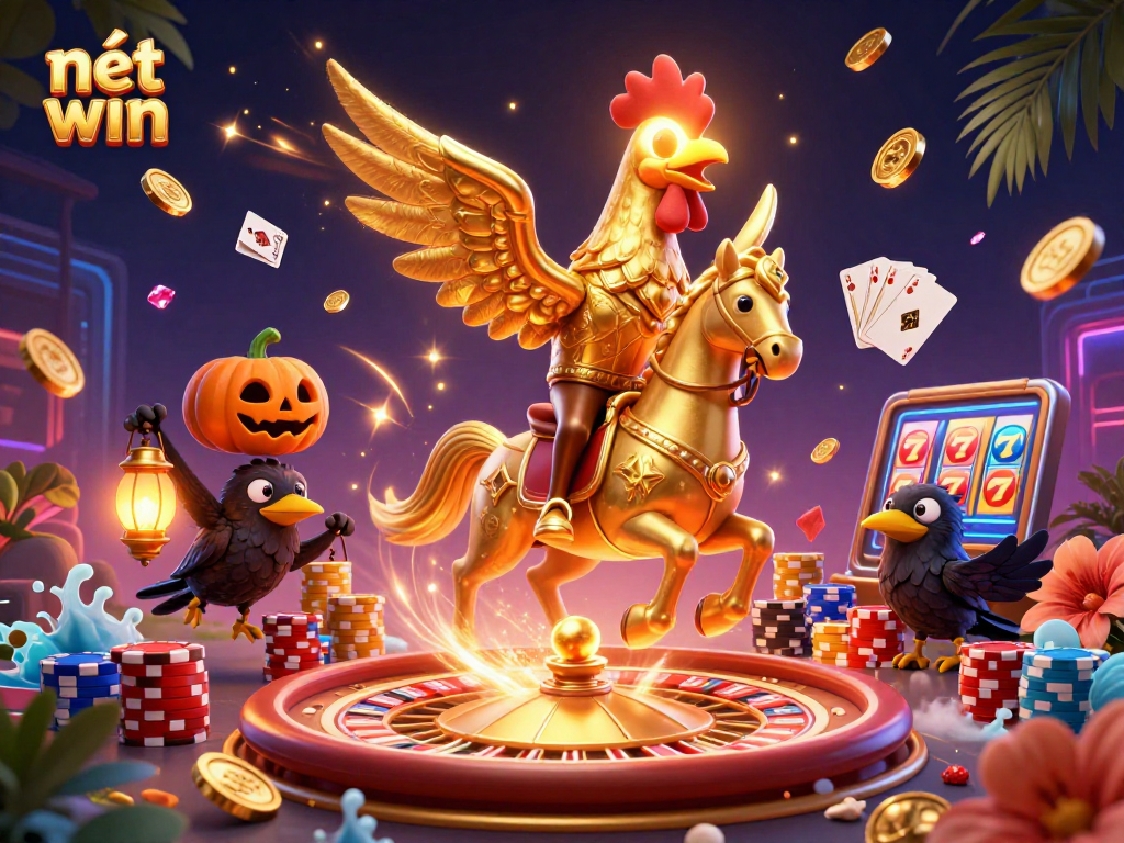 Experience the excitement of nét win with golden rooster and casino elements in a vibrant 3D scene.
