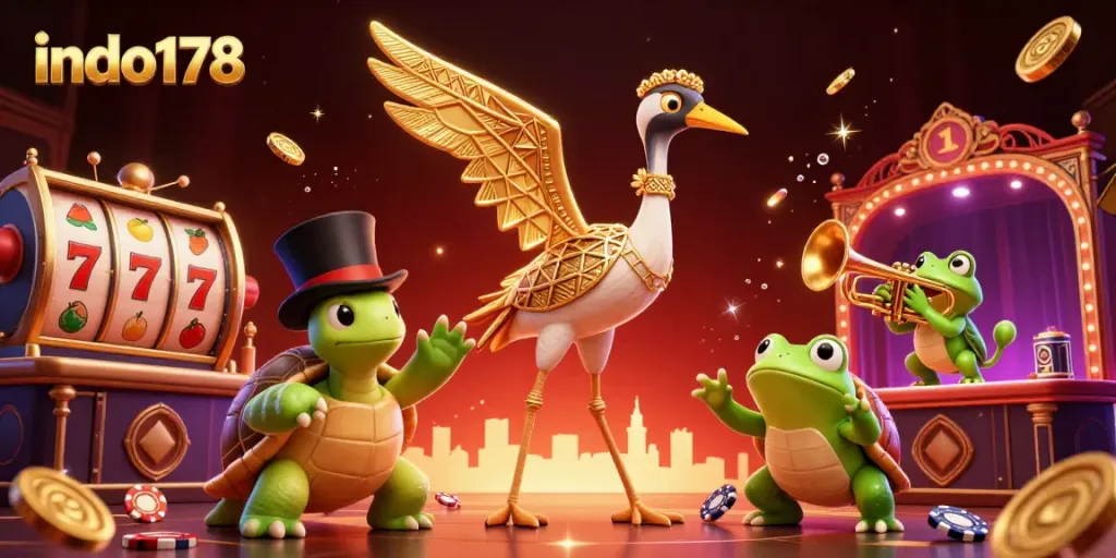 Join the fun at indo178, showcasing a vibrant casino scene with animated characters and engaging slot play.