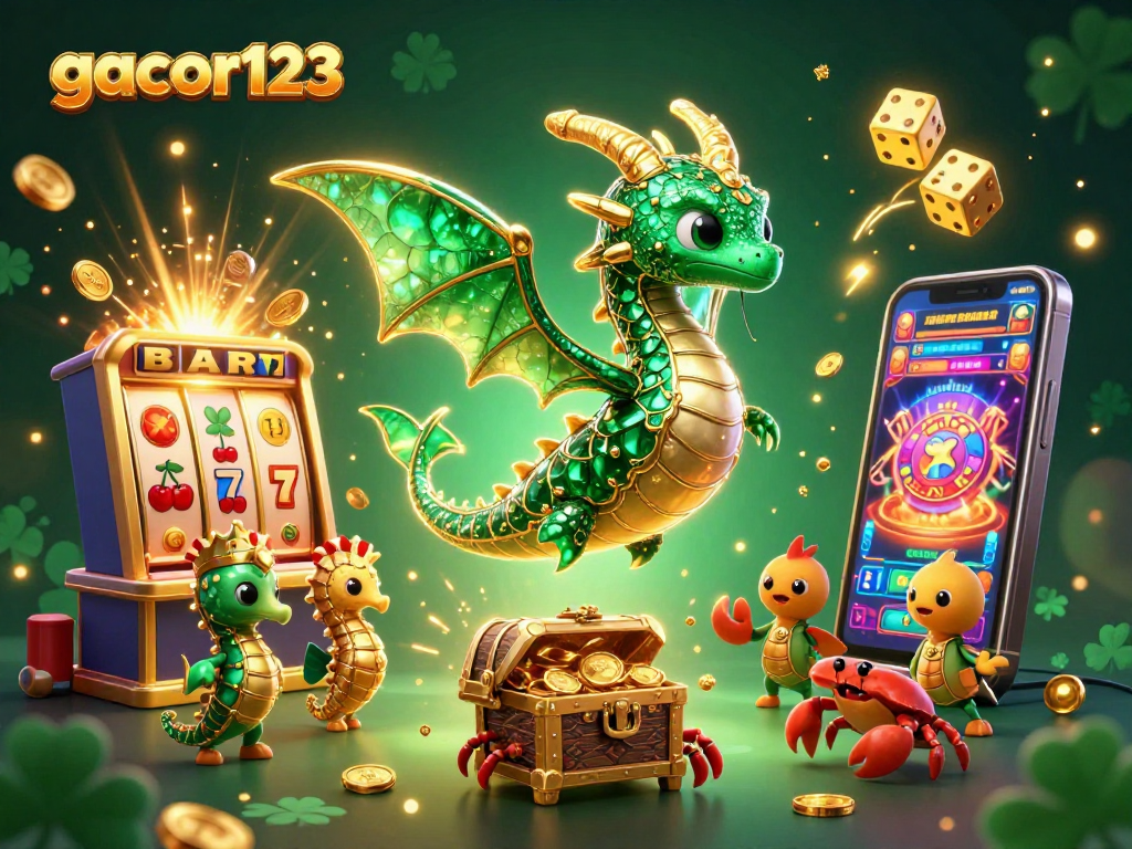 Experience the excitement of gacor123 slots with a vibrant 3D illustration of a sea dragon and jackpot symbols.