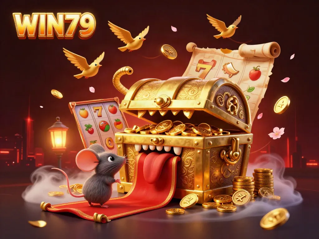 Spinning slot reels and golden treasure in a vibrant WIN79-themed casino illustration.