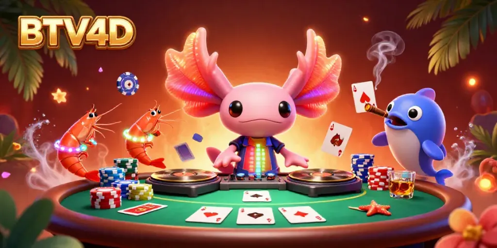 Gambarkan momen penuh warna BTV4D dengan DJ axolotl yang memutar piringan, dikelilingi oleh elemen kasino.