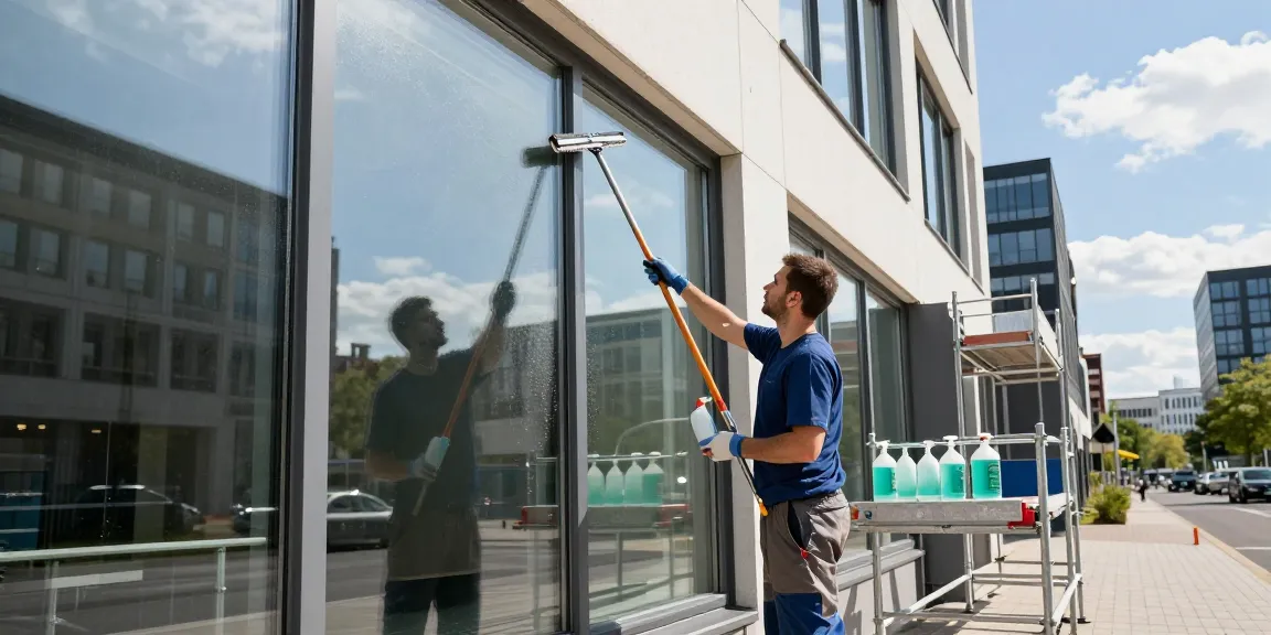 Professionelle Glasreinigung Firma in Dortmund reinigt Fenster und Rahmen in einem modernen Bürogebäude.