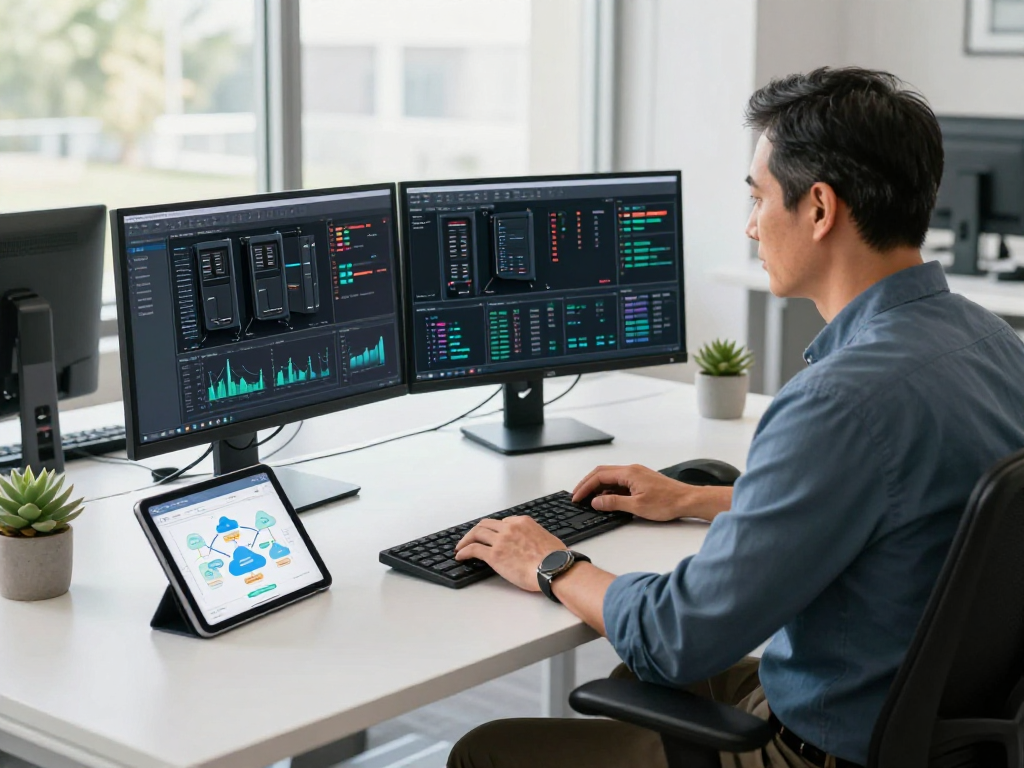VPS Hosting en México en un ambiente de trabajo moderno con un desarrollador ante múltiples pantallas.