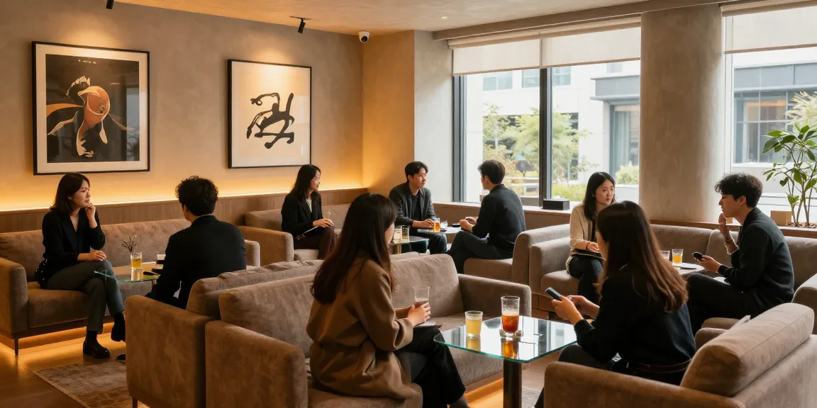 강남 멀리건의 세련된 내부 공간과 안락한 소파, 아늑한 분위기에서 대화를 나누는 손님들 모습