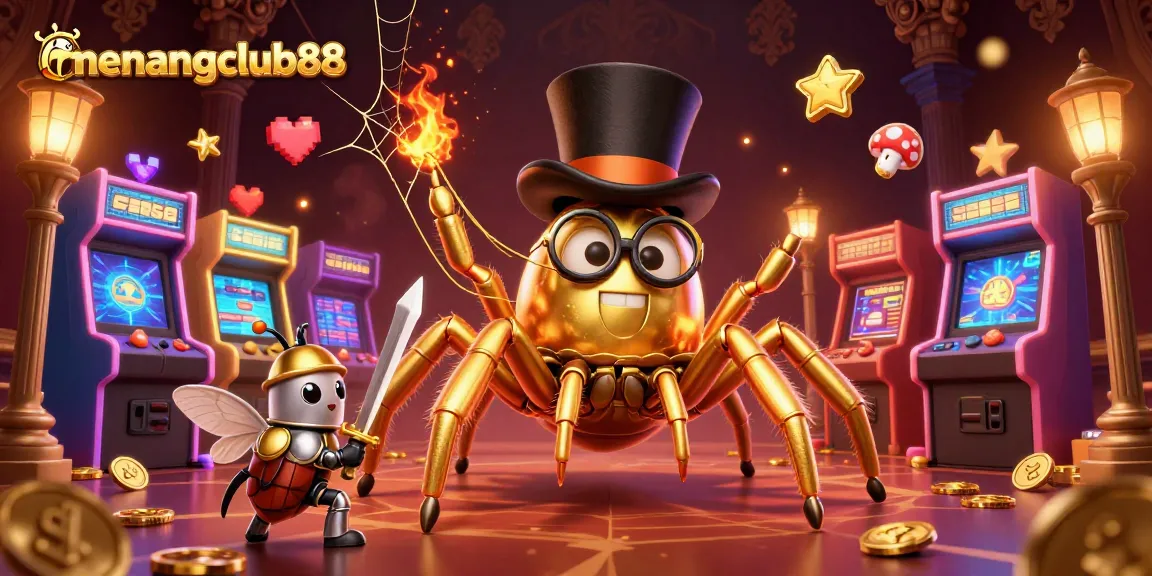 Experience thrilling wins with menangclub88 as a golden tarantula weaves exciting opportunities in a casino setting.