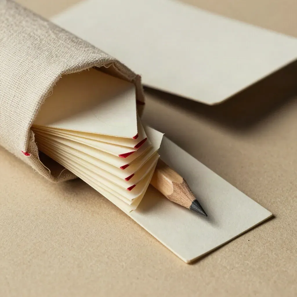Ivory rewrite kit spilling from linen wrap with pencil stub and crimson tabs