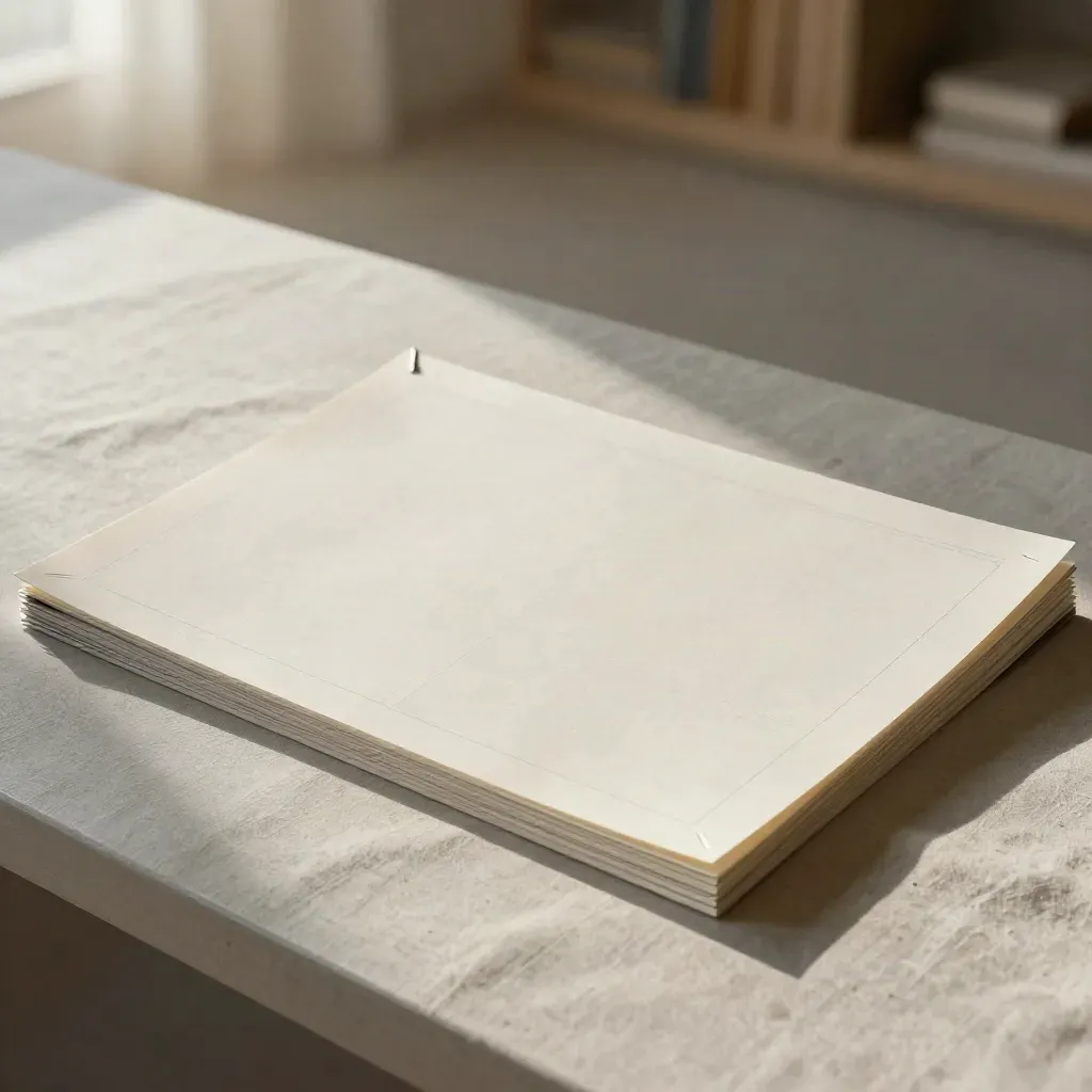 Blank wireframe sheets and metal binding strip on folded linen in soft daylight