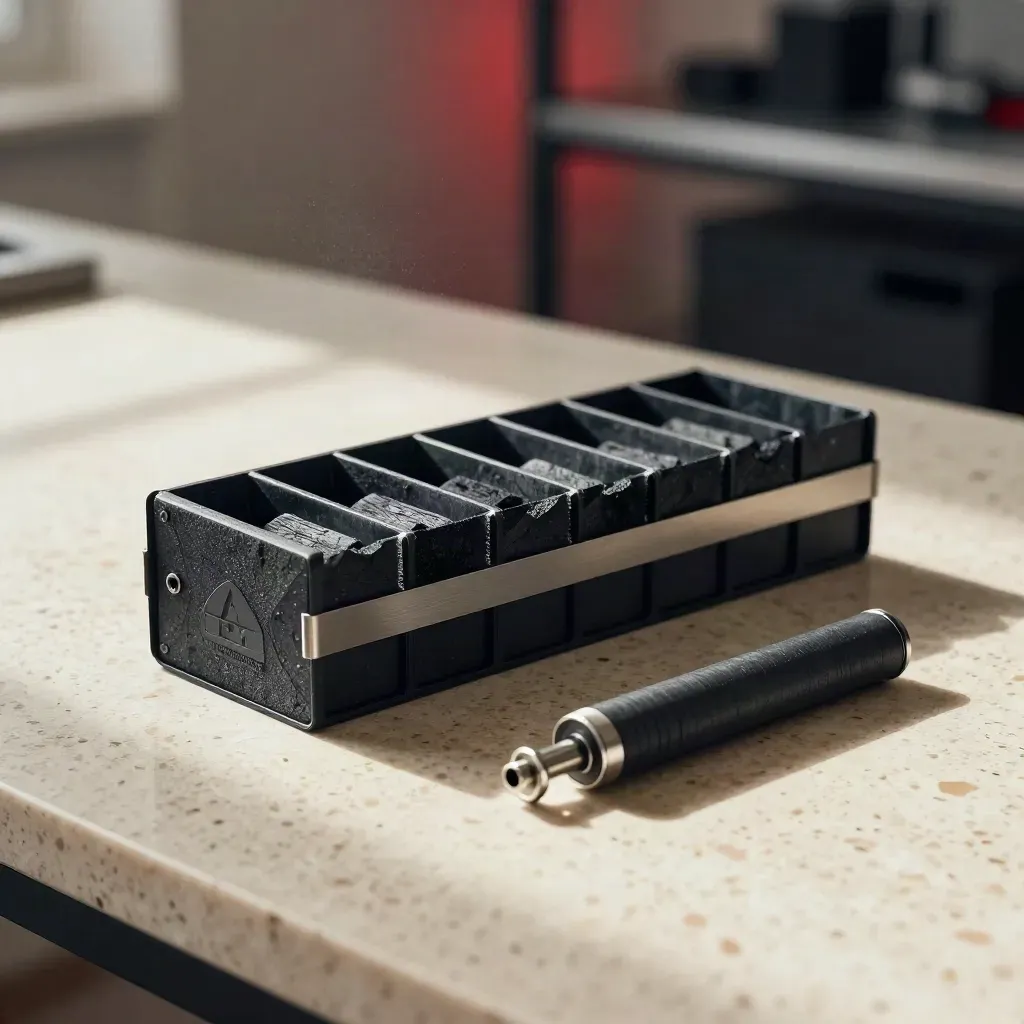 Charcoal recovery sprint box, plan tube and metal clip on travertine in soft light.