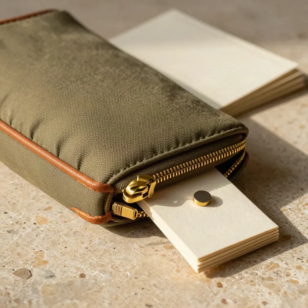 Macro of a khaki PPC pack pouch with pin chips and folded tiles on warm stone.