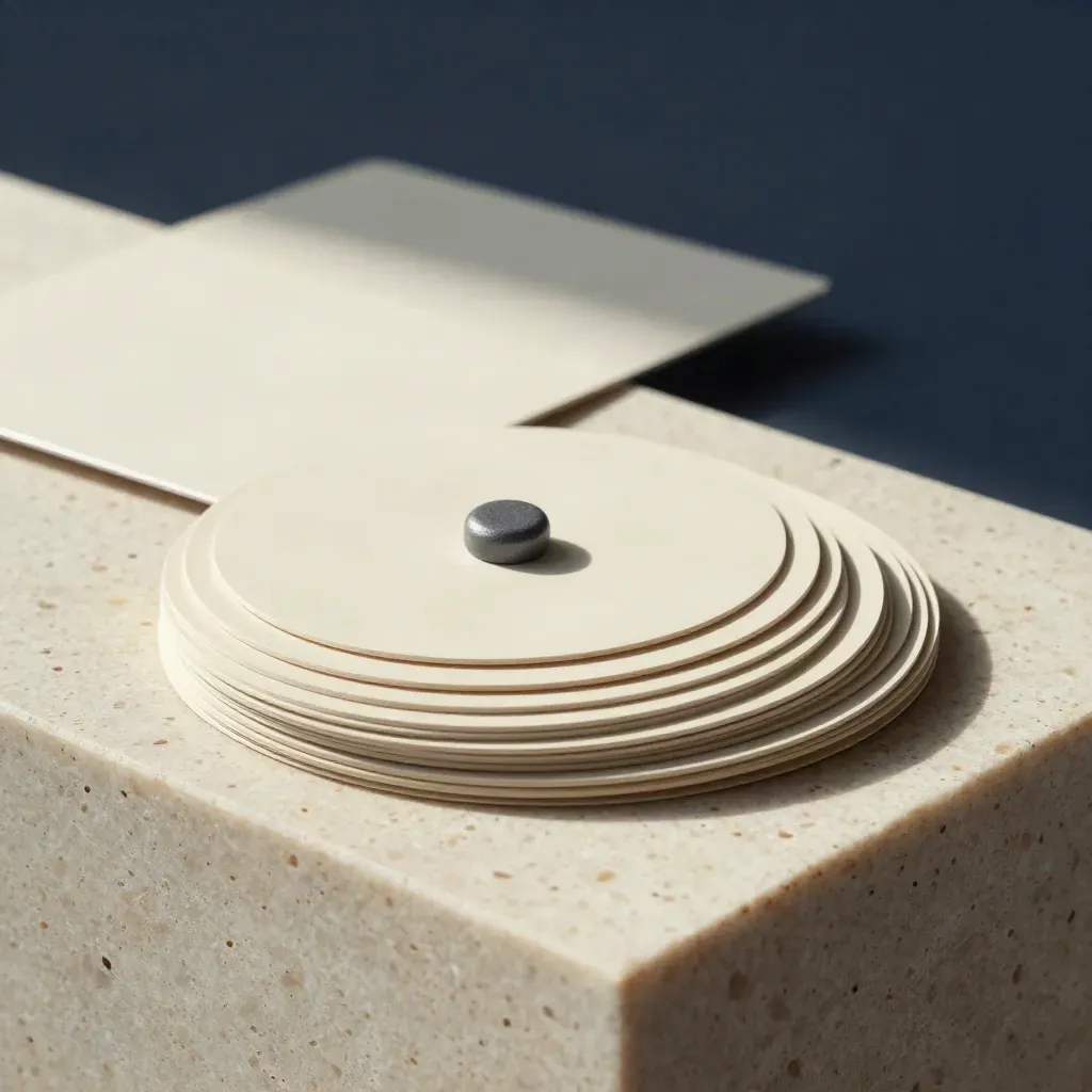 Macro hero of a retargeting setup kit with loop cards, markers and sleeve on travertine.
