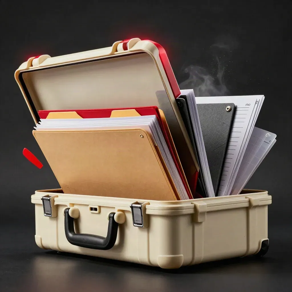 Open campaign rescue case with folders and tabs under dramatic studio light.