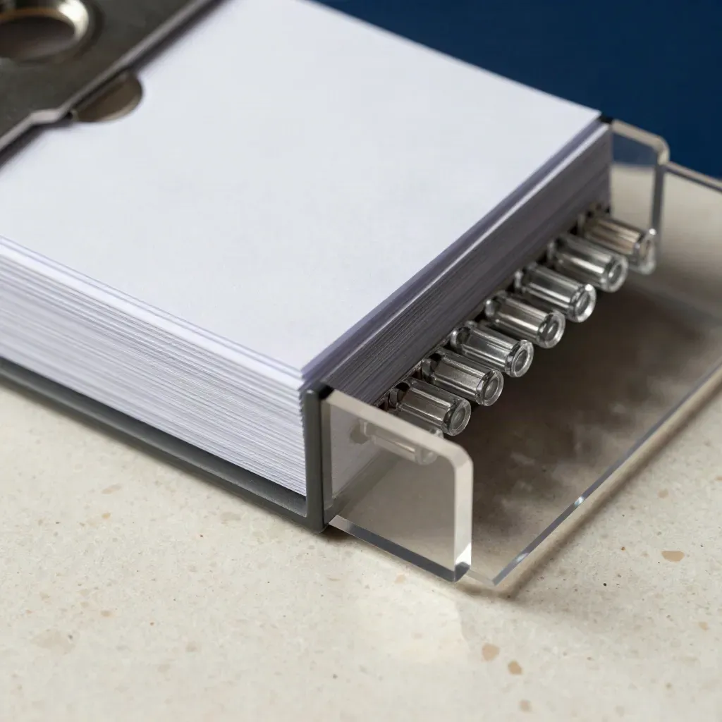 Macro of sorted analytics event tags, clear cable ends, and a translucent divider panel on travertine.