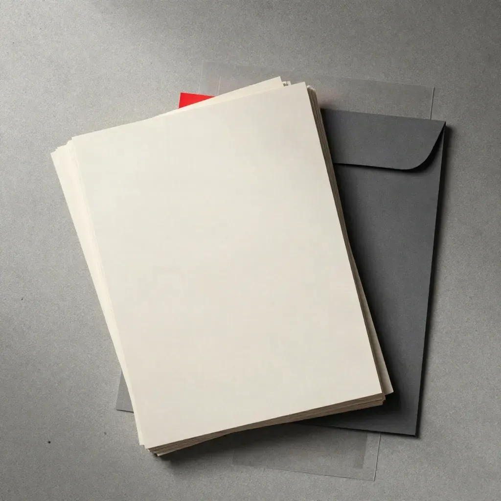Overhead flat lay of search-term report cards, red tab, and clipped mail sleeve on concrete.