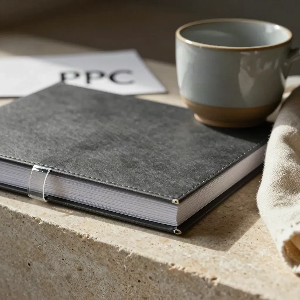 Graphite PPC report folio with acetate strap, ceramic cup and folded cloth in raking light.