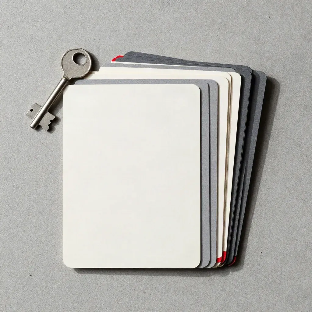 Overhead flatlay of descending budget-cut cards on cool concrete with a crimson accent.