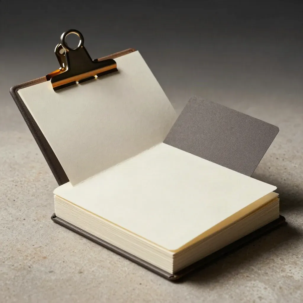 Ad review bundle with notebook, inserts and metal clip on pale stone in dramatic light.