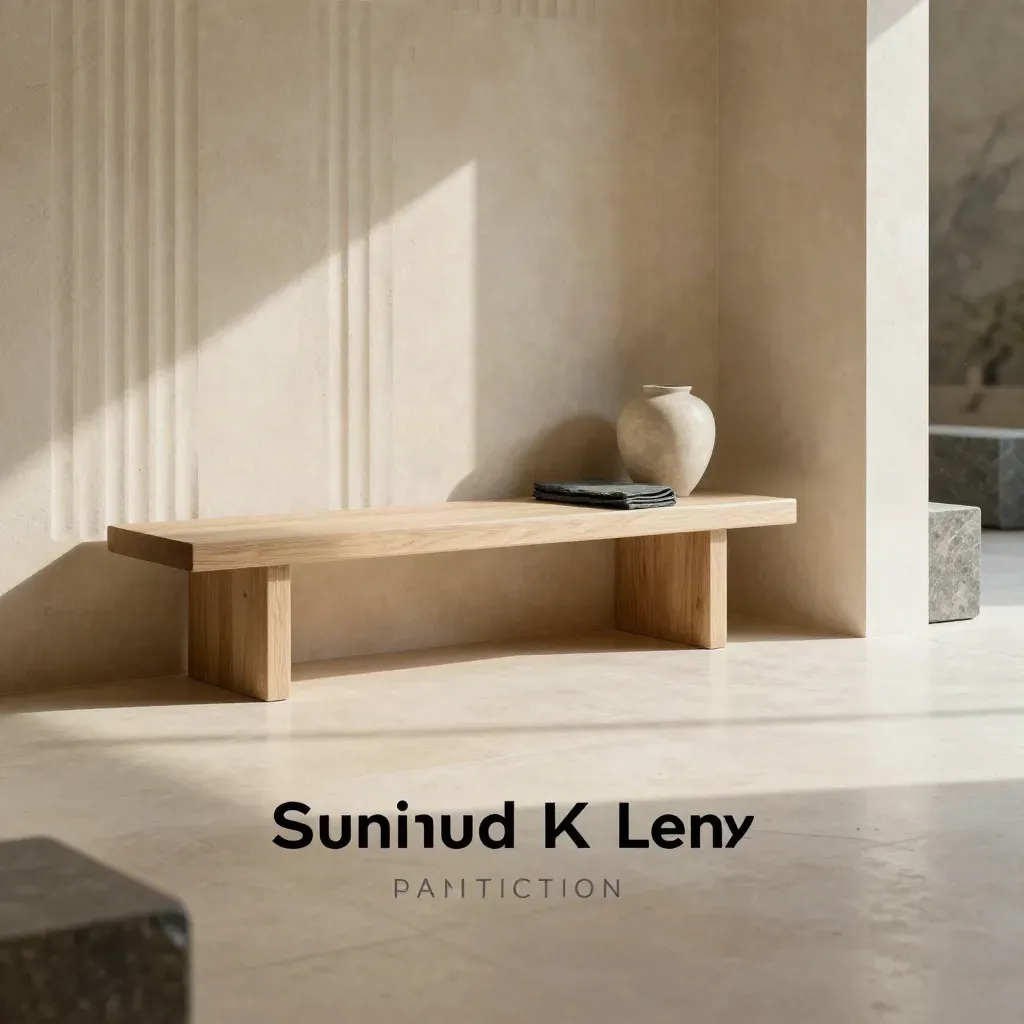 Sunlit limestone corner with oak bench, plaster wall, stone vessel, and calm empty floor.