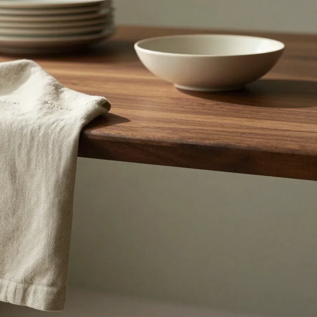 Walnut tabletop with linen edge and ceramic bowl in soft afternoon light