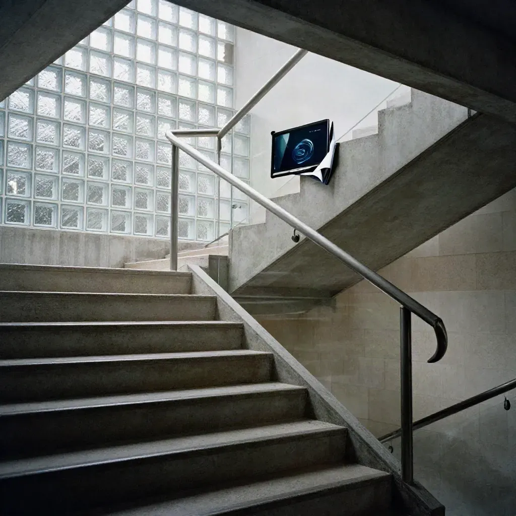 Sunlit concrete stairwell with glass blocks and steel rail, calm lower space for copy.