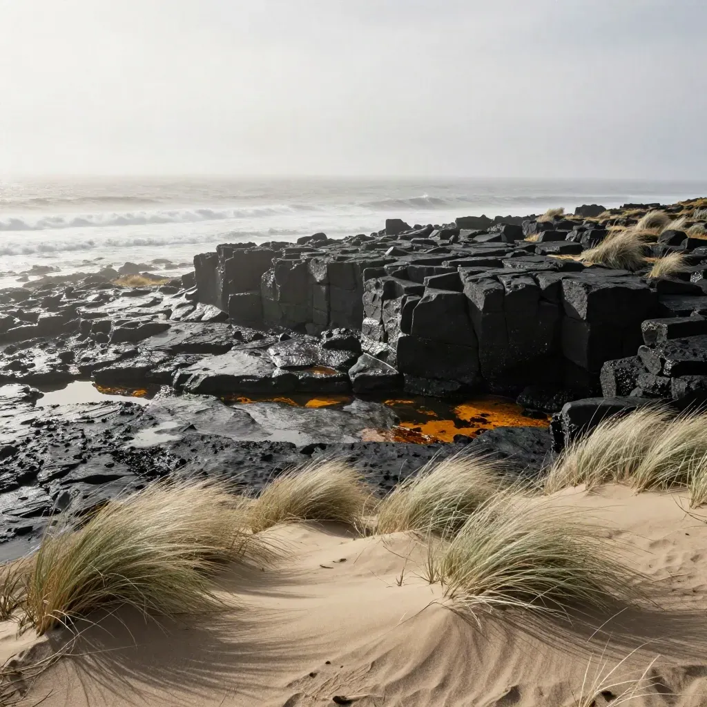 Basalt coast with windblown dune grass, misty surf, and amber light over a calm open sea.