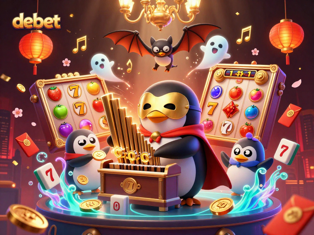 Engage in thrilling gaming with debet as a 3D penguin plays a golden pipe organ, surrounded by vibrant casino symbols.