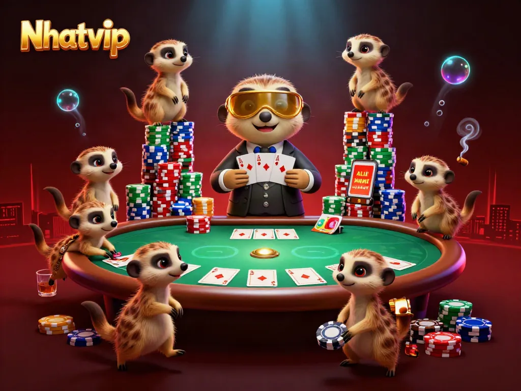 Nhatvip casino scene with meerkats in vibrant 3D illustration, showing card games and dynamic action.