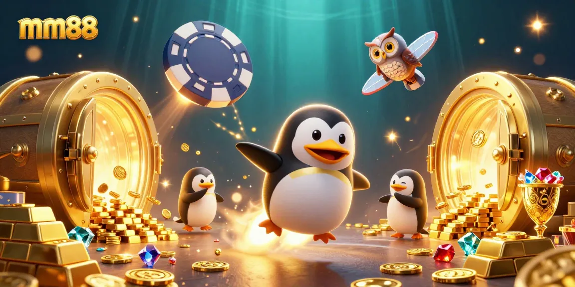 Bet big and win with mm88’s vibrant casino scene featuring a golden penguin and treasure galore.