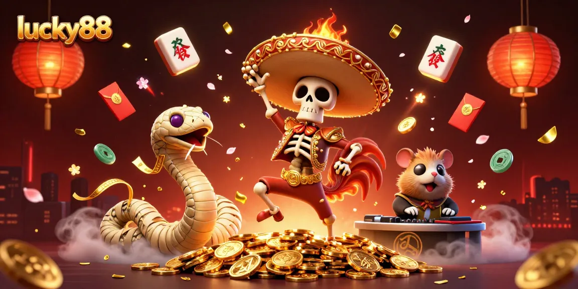 Experience the thrill at lucky88 with vibrant casino characters showcasing joyful wins surrounded by festive elements.