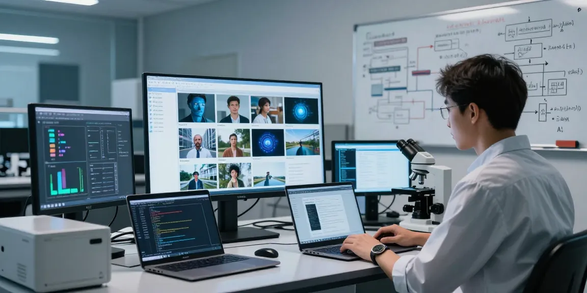 AI-Generated Image Detection setup in a high-tech laboratory with scientists analyzing mixed media.