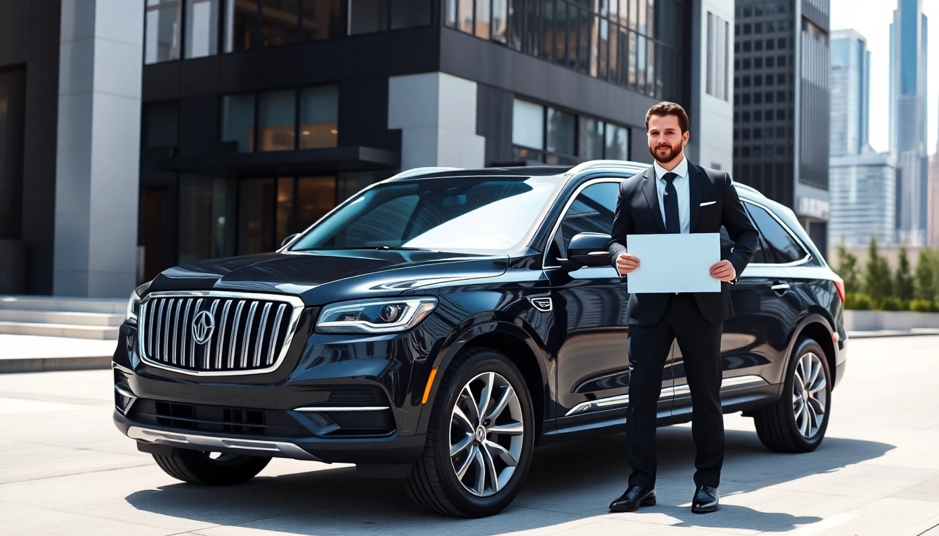 Experience premium black SUV limo service RI with a professional chauffeur in an urban setting.