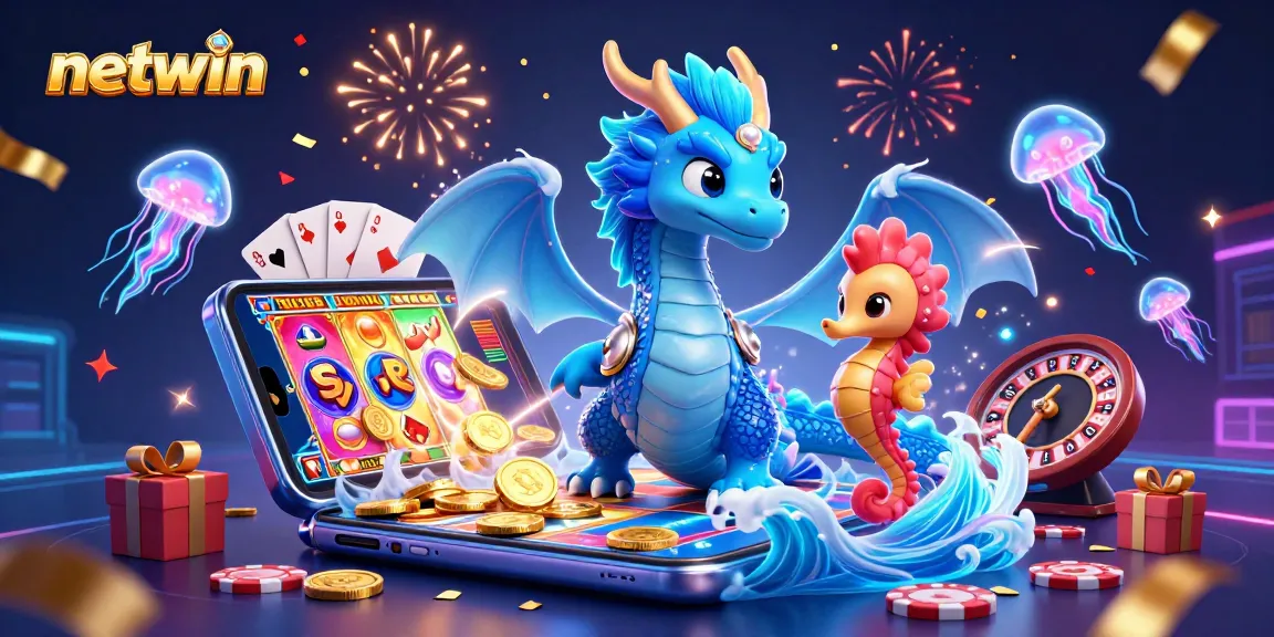 Experience the excitement of netwin with a vibrant 3D scene featuring a water dragon, seahorse knight, and glowing jellyfish.