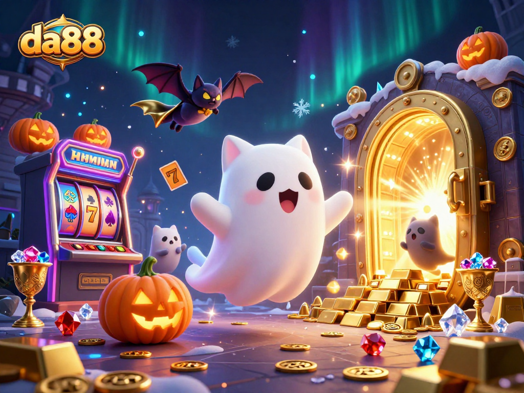 Experience thrilling gameplay at da88 with a whimsical ghost cat in a haunted casino scene.