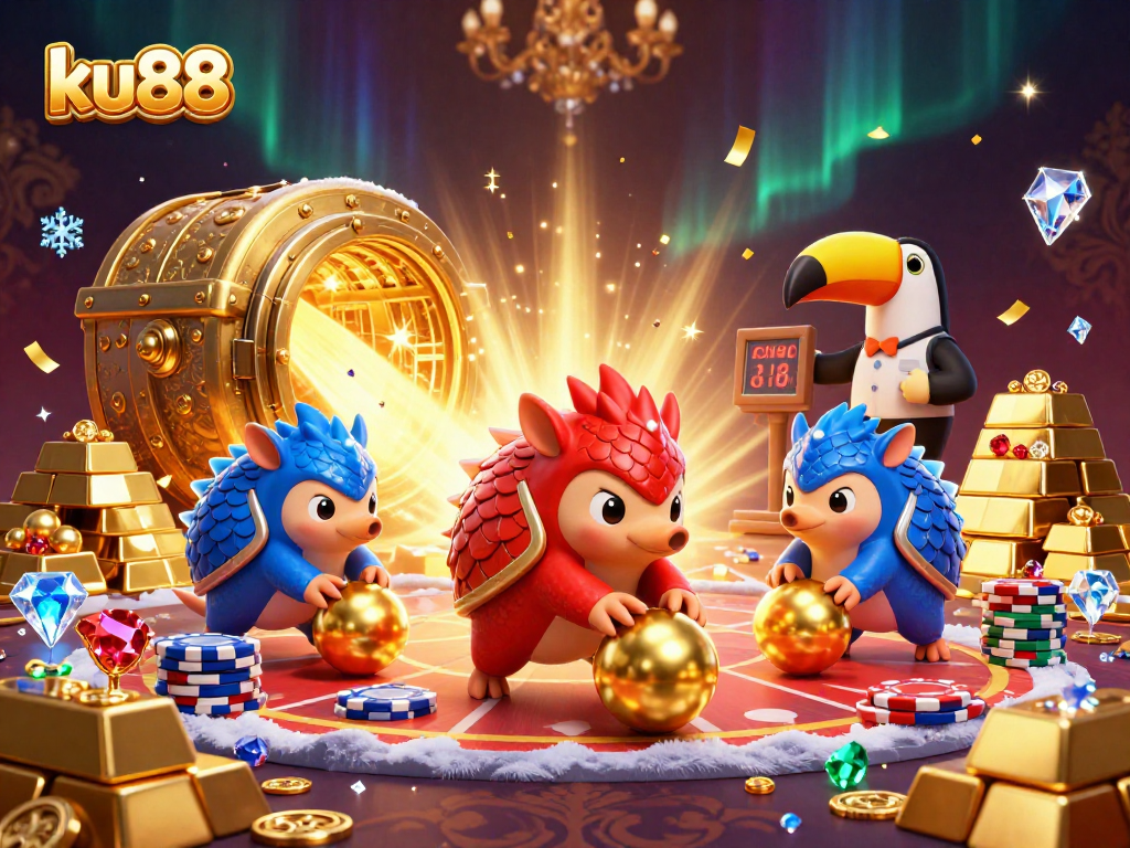 ku88 pangolins bowling through poker chips with casino treasures brimming around them